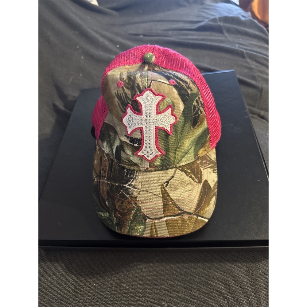 Infinity Headwear -Camouflage /Pink Rhinestone‎ Cross Trucker Vel-cro back Cap